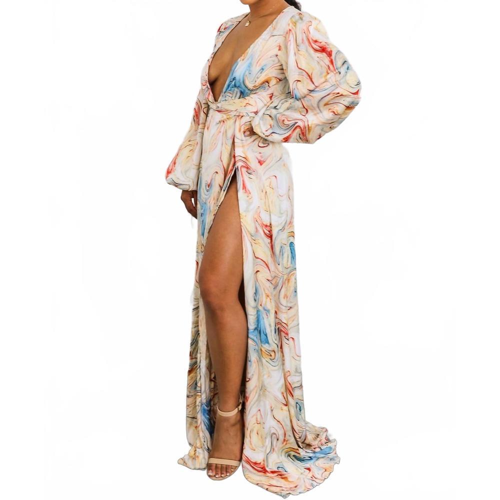 NEW SURELYMINE marble swirl kimono maxi dress with slits boho resort style in mu - Picture 5 of 10